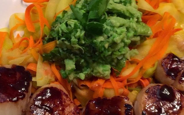Orange Glazed Scallops and Zucchini Carrot “Noodles” with AvocadoEdamame Pesto