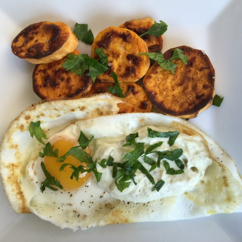 roasted sweet potatoes and eggs with yogurt pesto